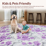 Ultra Soft Area Rug, Non Slip, Stain Resistant, Washable Area Rugs for Living Room, Bedroom, Elegant Floral Grey Palette(Purple)