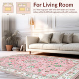 Ultra Soft Area Rug, Non Slip, Stain Resistant, Washable Area Rugs for Living Room, Bedroom, Sophisticated Green Floral Tones(Pink)