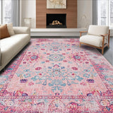 Ultra Soft Area Rug, Non Slip, Stain Resistant, Washable Area Rugs for Living Room, Bedroom, Distressed Pastel Geometric Motif(Pink)
