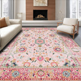 Ultra Soft Area Rug, Non Slip, Stain Resistant, Washable Area Rugs for Living Room, Bedroom, Trendy Circular Botanical Delight(Pink)