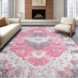 Ultra Soft Area Rug, Non Slip, Stain Resistant, Washable Area Rugs for Living Room, Bedroom, Sophisticated Tiled Medallion Style(Pink)