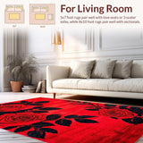 Ultra Soft Area Rug, Non Slip, Stain Resistant, Washable Area Rugs for Living Room, Bedroom, Stylish Black Leaf Artistry(Red)