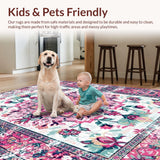 Ultra Soft Area Rug, Non Slip, Stain Resistant, Washable Area Rugs for Living Room, Bedroom, Whimsical Multi-Colored Ogee Style(Pink)