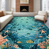 Ultra Soft Area Rug, Non Slip, Stain Resistant, Washable Area Rugs for Living Room, Bedroom, Oceanic Wonderland Low Pile Rug With Aquatic Life Design And Wave Border(Blue)
