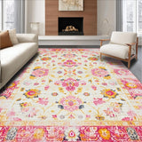 Ultra Soft Area Rug, Non Slip, Stain Resistant, Washable Area Rugs for Living Room, Bedroom, Serene Cream Pink Garden Theme(White)