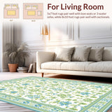 Ultra Soft Area Rug, Non Slip, Stain Resistant, Washable Area Rugs for Living Room, Bedroom, Elegant Soft Green Patterned Flourish(White)