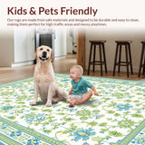 Ultra Soft Area Rug, Non Slip, Stain Resistant, Washable Area Rugs for Living Room, Bedroom, Elegant Soft Green Patterned Flourish(White)