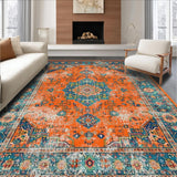 Ultra Soft Area Rug, Non Slip, Stain Resistant, Washable Area Rugs for Living Room, Bedroom, Rustic Orange Teal Medallion Style(Orange)