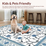 Ultra Soft Area Rug, Non Slip, Stain Resistant, Washable Area Rugs for Living Room, Bedroom, Sophisticated Blue Gray Tiled Pattern(White)