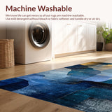 Ultra Soft Area Rug, Non Slip, Stain Resistant, Washable Area Rugs for Living Room, Bedroom, Aurora Flow Rug with Abstract Colorfields and Geometric Blue Gold Accents(Blue)