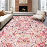 Ultra Soft Area Rug, Non Slip, Stain Resistant, Washable Area Rugs for Living Room, Bedroom, Rustic Textured Damask Style(Pink)