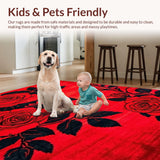 Ultra Soft Area Rug, Non Slip, Stain Resistant, Washable Area Rugs for Living Room, Bedroom, Stylish Black Leaf Artistry(Red)
