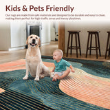 Ultra Soft Area Rug, Non Slip, Stain Resistant, Washable Area Rugs for Living Room, Bedroom, Minimalist Lightweight Rug Showcasing Peach Waves and Gold Geometric Forms(Blue)