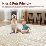 Ultra Soft Area Rug, Non Slip, Stain Resistant, Washable Area Rugs for Living Room, Bedroom, Versatile Floor Subtle Geometric Grid with Distressed Boho Flair(Ivory)