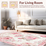 Ultra Soft Area Rug, Non Slip, Stain Resistant, Washable Area Rugs for Living Room, Bedroom, Elegant Country Rose Motif(White)