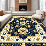 Ultra Soft Area Rug, Non Slip, Stain Resistant, Washable Area Rugs for Living Room, Bedroom, Exquisite Beige Area Featuring Abstract Floral Motifs in Navy Gold(Blue)