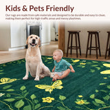 Ultra Soft Area Rug, Non Slip, Stain Resistant, Washable Area Rugs for Living Room, Bedroom, Whimsical Floral Butterfly Motif(Green)