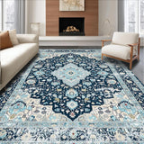 Ultra Soft Area Rug, Non Slip, Stain Resistant, Washable Area Rugs for Living Room, Bedroom, Elegant Transitional Damask Aesthetic(Blue)