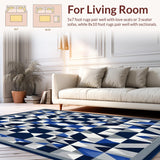 Ultra Soft Area Rug, Non Slip, Stain Resistant, Washable Area Rugs for Living Room, Bedroom, Navy Blue And Silver Modern Geometric Area With Symmetrical Design(Blue)