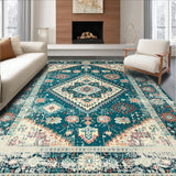 Ultra Soft Area Rug, Non Slip, Stain Resistant, Washable Area Rugs for Living Room, Bedroom, Retro Distressed Floral Medallion(Blue)