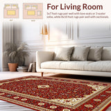 Ultra Soft Area Rug, Non Slip, Stain Resistant, Washable Area Rugs for Living Room, Bedroom, Artful Ornate Symmetrical Border(Red)