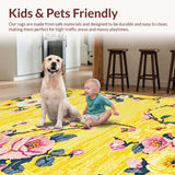 Ultra Soft Area Rug, Non Slip, Stain Resistant, Washable Area Rugs for Living Room, Bedroom, Rustic Earthy Blossom Motif(Yellow)