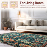 Ultra Soft Area Rug, Non Slip, Stain Resistant, Washable Area Rugs for Living Room, Bedroom, Artistic Boho Area with Vibrant Teal and Terracotta Floral(Blue)