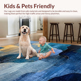 Ultra Soft Area Rug, Non Slip, Stain Resistant, Washable Area Rugs for Living Room, Bedroom, Aurora Flow Rug with Abstract Colorfields and Geometric Blue Gold Accents(Blue)