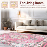 Ultra Soft Area Rug, Non Slip, Stain Resistant, Washable Area Rugs for Living Room, Bedroom, Rustic Pastel Botanical Motif(Pink)