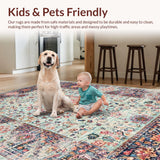 Ultra Soft Area Rug, Non Slip, Stain Resistant, Washable Area Rugs for Living Room, Bedroom, Boho-Chic Vintage Area Rug with Distressed Floral Medallion Motifs(Blue)