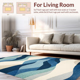 Ultra Soft Area Rug, Non Slip, Stain Resistant, Washable Area Rugs for Living Room, Bedroom, Coastal Surfboard Rug with Abstract Ocean Waves and Character Outlines(Blue)