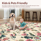 Ultra Soft Area Rug, Non Slip, Stain Resistant, Washable Area Rugs for Living Room, Bedroom, Chic Boho Floral with Pink Blossom and Deep Green Leaf Accents on Beige(Beige)