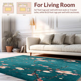 Ultra Soft Area Rug, Non Slip, Stain Resistant, Washable Area Rugs for Living Room, Bedroom, Cherry Blossom Floral Rug with Teal Accents(Blue)