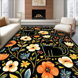 Ultra Soft Area Rug, Non Slip, Stain Resistant, Washable Area Rugs for Living Room, Bedroom, Playful Feline Floral Aesthetic(Black)