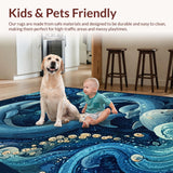 Ultra Soft Area Rug, Non Slip, Stain Resistant, Washable Area Rugs for Living Room, Bedroom, 3D Illusion Nautical with Fluid Octopus Tentacles and Dolphin School(Blue)