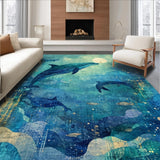 Ultra Soft Area Rug, Non Slip, Stain Resistant, Washable Area Rugs for Living Room, Bedroom, Seaside Creature Inspired with Oceanic Dolphin, Octopus, and Fish School(Blue)