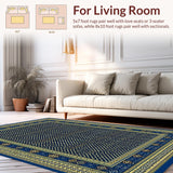 Ultra Soft Area Rug, Non Slip, Stain Resistant, Washable Area Rugs for Living Room, Bedroom, Artisan Geometric Area with Deep Blue and Gold Motifs(Blue)
