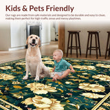 Ultra Soft Area Rug, Non Slip, Stain Resistant, Washable Area Rugs for Living Room, Bedroom, Abstract Boho Floral(Dark Green)