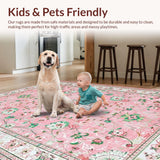 Ultra Soft Area Rug, Non Slip, Stain Resistant, Washable Area Rugs for Living Room, Bedroom, Sophisticated Green Floral Tones(Pink)