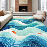Ultra Soft Area Rug, Non Slip, Stain Resistant, Washable Area Rugs for Living Room, Bedroom, Whimsical Ocean Wave Area Rug with Playful Fish and Nautical Swirl Pattern(Blue)