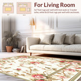 Ultra Soft Area Rug, Non Slip, Stain Resistant, Washable Area Rugs for Living Room, Bedroom, Vintage Floral Boho Pink Green Botanical Motifs Non Slip(Beige)