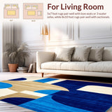 Ultra Soft Area Rug, Non Slip, Stain Resistant, Washable Area Rugs for Living Room, Bedroom, Bold Blue and Beige Geometric Shapes Area for Contemporary Decor(Blue)