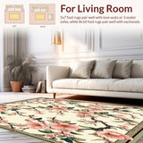 Ultra Soft Area Rug, Non Slip, Stain Resistant, Washable Area Rugs for Living Room, Bedroom, Pastel Boho Pink Cherry Blossoms Green Leafy Swirls(Ivory)