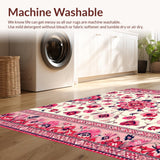 Ultra Soft Area Rug, Non Slip, Stain Resistant, Washable Area Rugs for Living Room, Bedroom, Charming Pink Rustic Blossom Design(White)