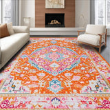 Ultra Soft Area Rug, Non Slip, Stain Resistant, Washable Area Rugs for Living Room, Bedroom, Bright Medallion Design with Cozy Feel(Orange)