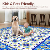 Ultra Soft Area Rug, Non Slip, Stain Resistant, Washable Area Rugs for Living Room, Bedroom, Timeless Mediterranean Tile Classic Azure and Cream Area(Blue)