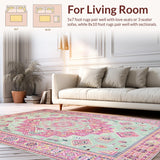 Ultra Soft Area Rug, Non Slip, Stain Resistant, Washable Area Rugs for Living Room, Bedroom, Lush Light Green Medallion Design(Pink)