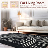 Ultra Soft Area Rug, Non Slip, Stain Resistant, Washable Area Rugs for Living Room, Bedroom, Monochrome Linear Weave Rug with Contrasting Stripes and Minimalist Pattern(Black)
