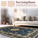 Ultra Soft Area Rug, Non Slip, Stain Resistant, Washable Area Rugs for Living Room, Bedroom, Artistic Gold-Like Decorative Elements(Blue)