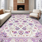 Ultra Soft Area Rug, Non Slip, Stain Resistant, Washable Area Rugs for Living Room, Bedroom, Vibrant Flower-Laden Round Canvas(White)